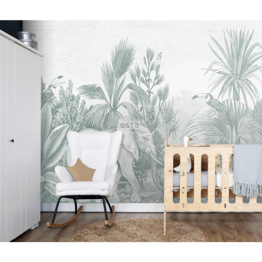Esta 159060 Forest Friends  - mural z motywem dżungli i słoni na zielonym tle
