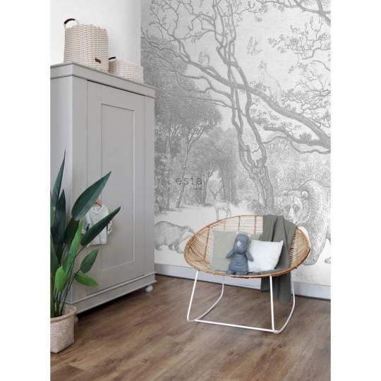 Esta 159065 Forest Friends Forest - szary mural z motywem lasu i zwierząt