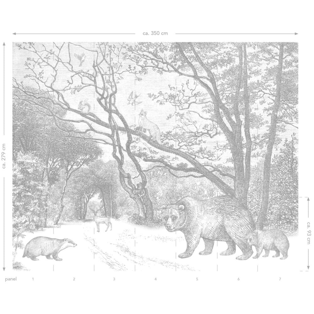 Esta 159065 Forest Friends Forest - szary mural z motywem lasu i zwierząt