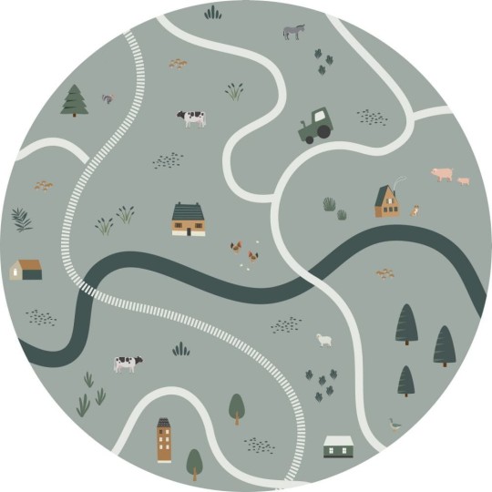 Esta 159068 Forest Friends - samoprzylepny mural z motywem farmy z traktorami i domkami na zielonym tle