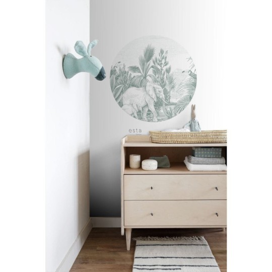 Esta 159076 Forest Friends - samoprzylepny mural z motywem dżungli i słoni na zielonym tle