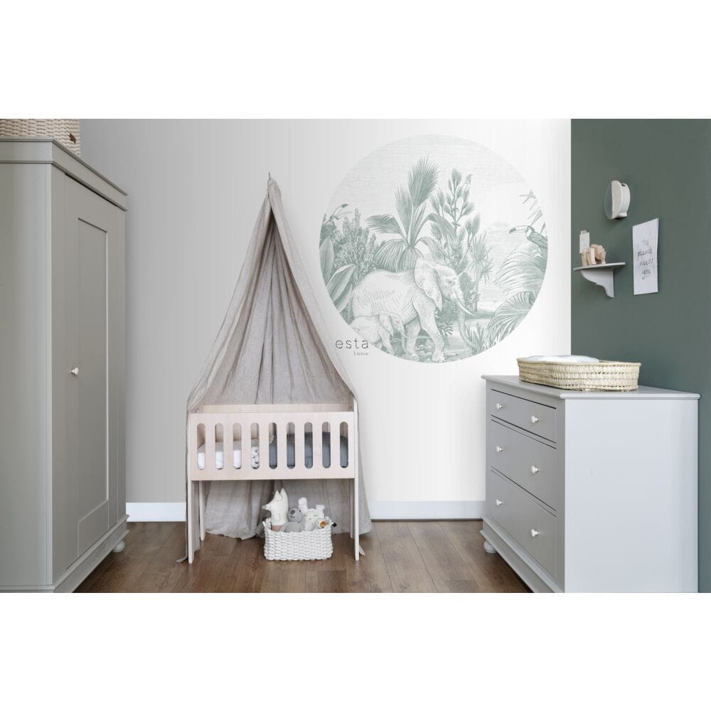 Esta 159087 Forest Friends - samoprzylepny mural z motywem dżungli i słoni na zielonym tle