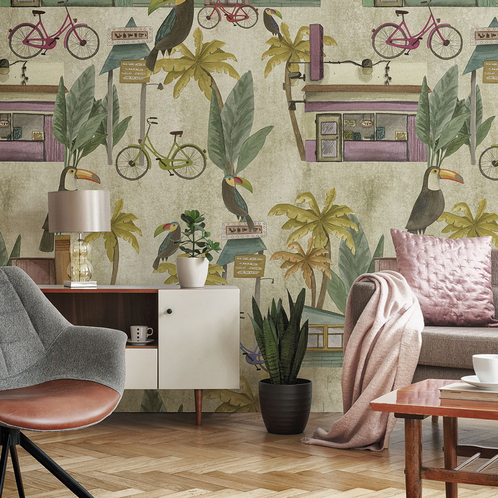 Inkiostro Bianco INKENIP1901 Natural Beauty South Beach - mural w witryny sklepowe, palmy, rowery i ptaki