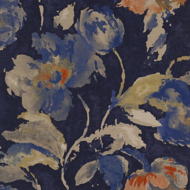 Jane Churchill J162W-04 Atmosphere II Beatrice - tapeta z motywem niebieskich kwiatów na granatowym tle