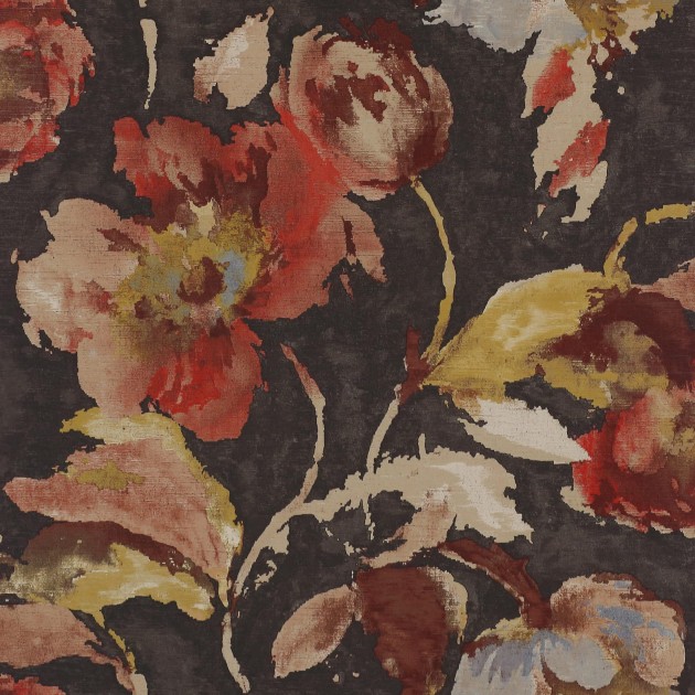 Jane Churchill J162W-05 Atmosphere II Beatrice - tapeta z motywem czerwonych kwiatów na brązowym tle