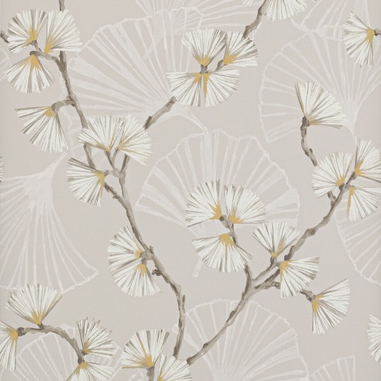 Jane Churchill J183W-01 Atmosphere VI Natural Snow Flower - tapeta z motywem gałązek miłorzębu na jasnoszarym tle