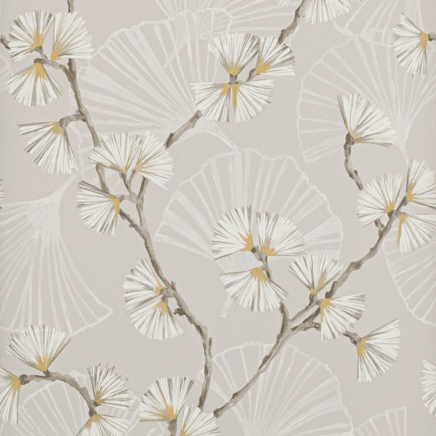 Jane Churchill J183W-01 Atmosphere VI Natural Snow Flower - tapeta z motywem gałązek miłorzębu na jasnoszarym tle