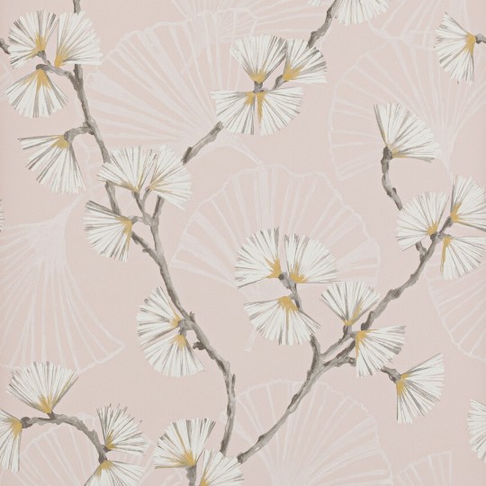 Jane Churchill J183W-02 Atmosphere VI Pink Snow Flower - tapeta z motywem gałązek miłorzębu na różowym tle