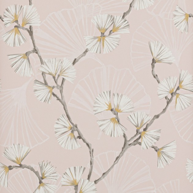 Jane Churchill J183W-02 Atmosphere VI Pink Snow Flower - tapeta z motywem gałązek miłorzębu na różowym tle