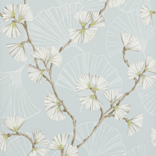 Jane Churchill J183W-03 Atmosphere VI Aqua and Lime Snow Flower - tapeta z motywem gałązek miłorzębu na niebieskim tle