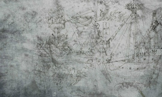 Dekorami Fregata 2 - mural ze szkicem łodzi