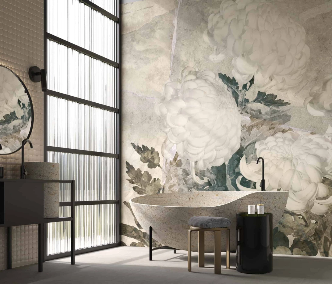 Wallcraft 580 32 2201 Floss - mural w białe chryzantemy na betonowym tle
