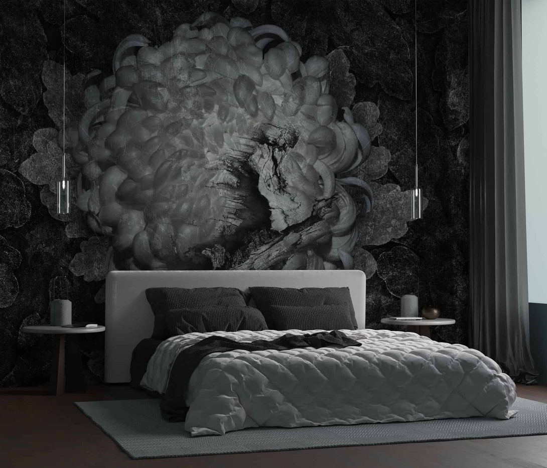 Wallcraft 570 32 2201 Gotti - mural w białe chryzantemy na czarnym tle
