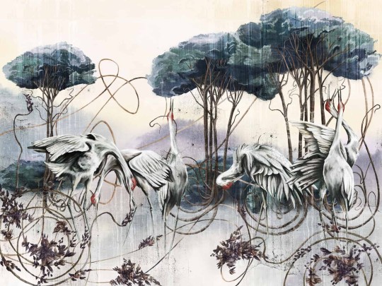 Wallcraft 550 31 2201 Lorenti - kwiatowy mural z żurawiami i drzewami