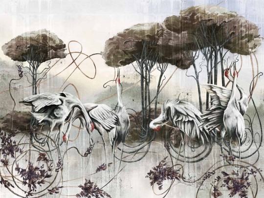 Wallcraft 550 32 2201 Lorenti - kwiatowy mural z żurawiami i drzewami