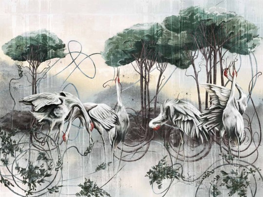 Wallcraft 550 33 2201 Lorenti - kwiatowy mural z żurawiami i drzewami