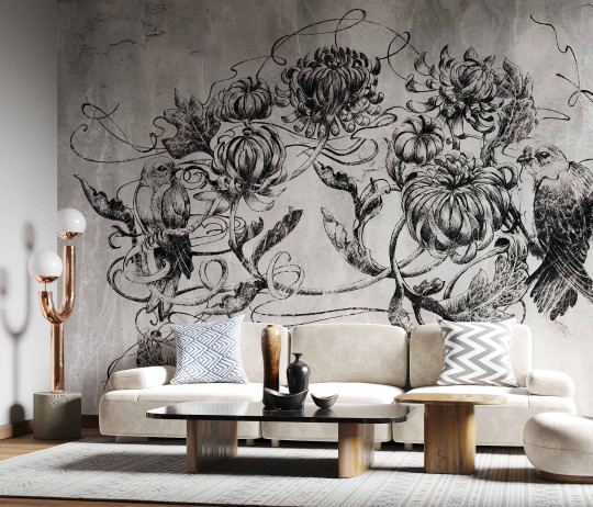 Wallcraft 555 31 2201 Teneti - mural z chryzantemami i ptakami na betonowym tle
