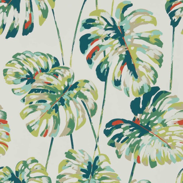 Harlequin 111753 Colour 2 Kelapa EMERALD/ZEST - tapeta z motywem liści monstery na białym tle