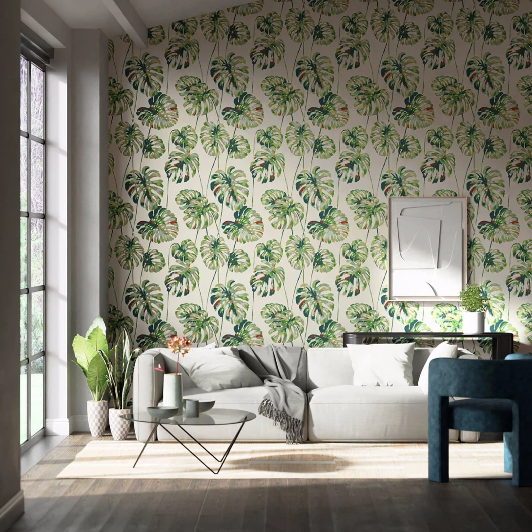 Harlequin 111753 Colour 2 Kelapa EMERALD/ZEST - tapeta z motywem liści monstery na białym tle