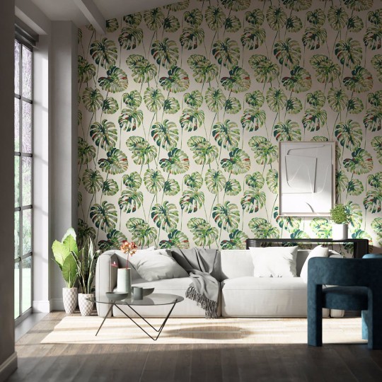 Harlequin 111753 Colour 2 Kelapa EMERALD/ZEST - tapeta z motywem liści monstery na białym tle