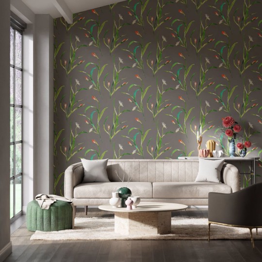 Harlequin 111758 Colour 2 Saona KIWI/CHARCOAL - tapeta z motywem podłużnych liści na szarym tle