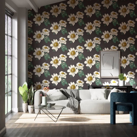 Harlequin 112841 Colour 2 Paeonia BLACK EARTH/FIG LEAF/ GOLD - tapeta z motywem piwonii na czarnym tle
