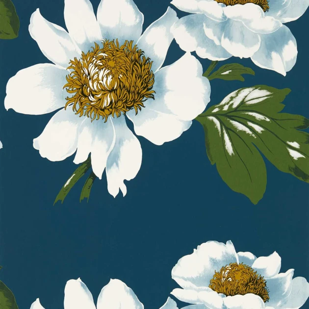 Harlequin 112842 Colour 2 Paeonia AZURITE/MEADOW/NECTAR - tapeta z motywem piwonii na niebieskim tle