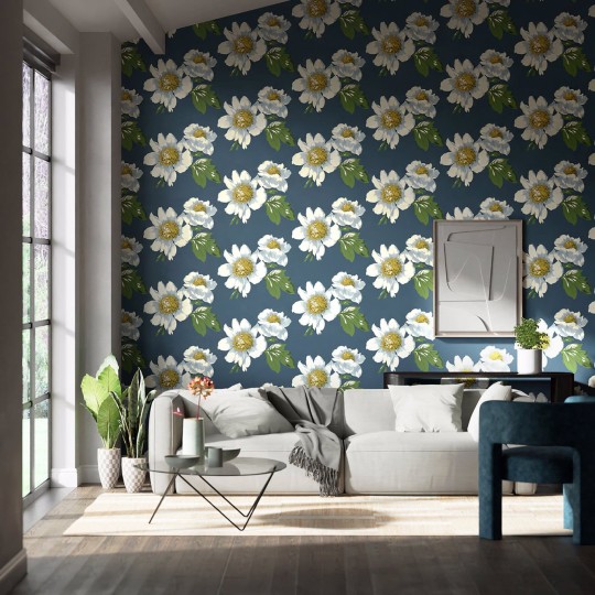 Harlequin 112842 Colour 2 Paeonia AZURITE/MEADOW/NECTAR - tapeta z motywem piwonii na niebieskim tle
