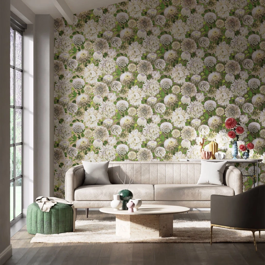 Harlequin 112844 Colour 2 Dahlia SAIL CLOTH/MEADOW/GILVER - tapeta z motywem kwiatów dalii