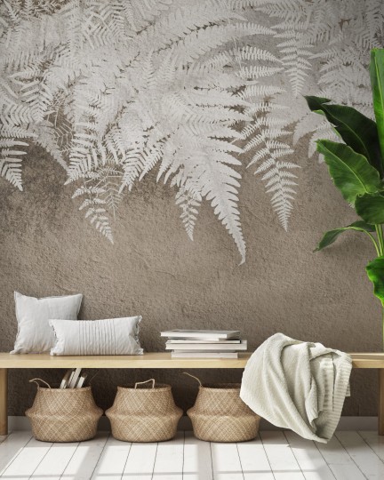 Wall Art Lacerta Coffee - mural z motywem liści paproci na betonowym tle
