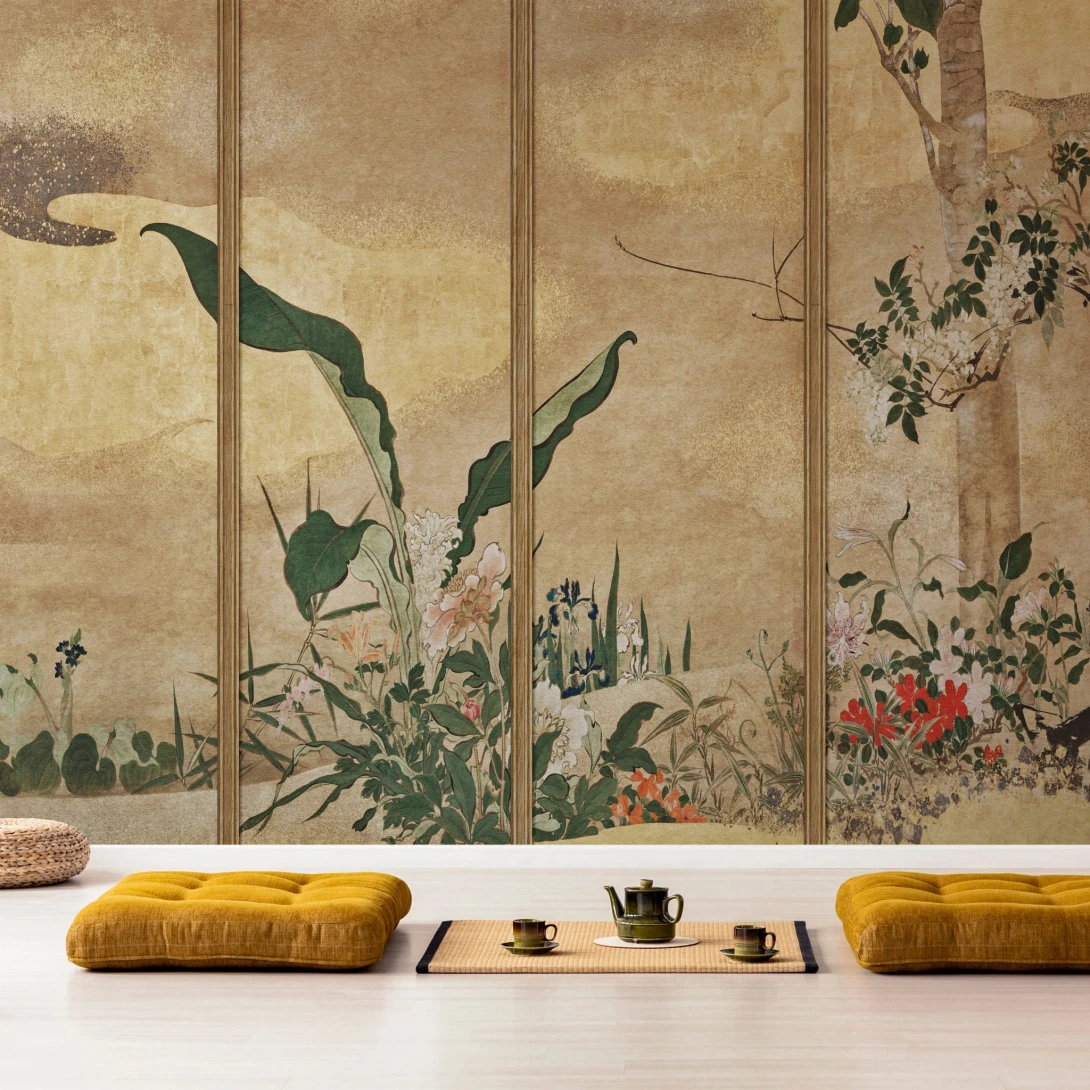 Wall Art Phoenix - mural z motywem liści bananowca, łąki, drzewa akacji i pionowych pasków