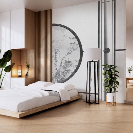 Wall Art Gemini - mural z motywem pionowych linii, okręgu, czarno-białych gałązek i ptaków