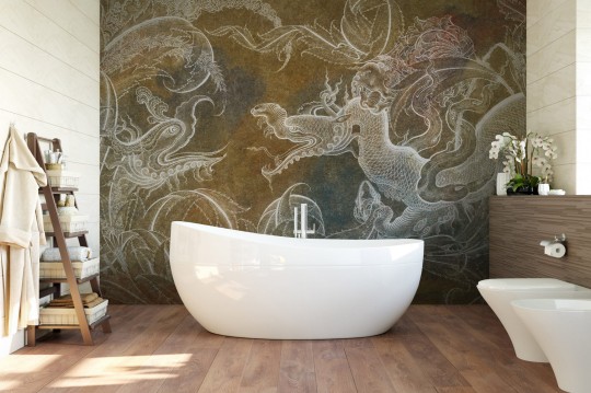 Wall Art Draco - mural z motywem białych smoków na żółto-niebieskim tle