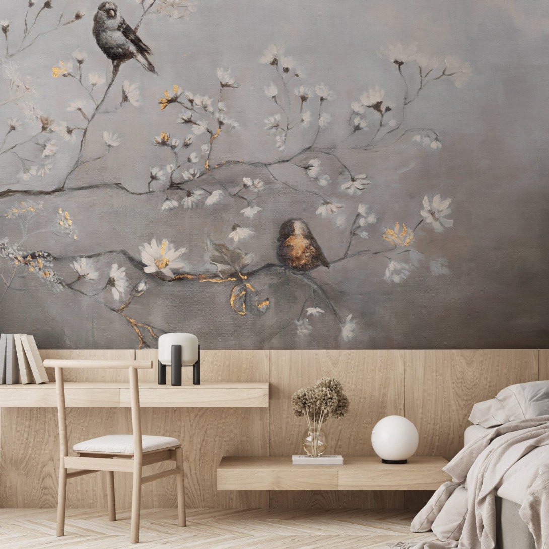 Wall Art Swing - mural z ptakami siedzącymi na gałązkach drzewa