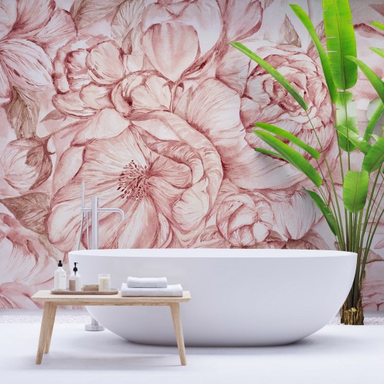 Wall Art Brassica Pink - mural w szkice różowych kwiatów na białym tle