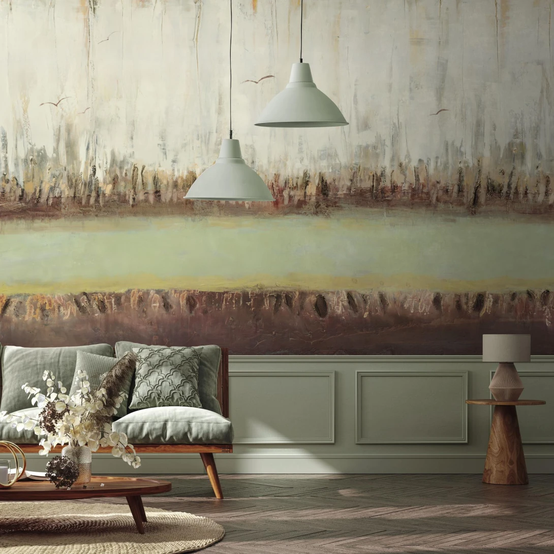 Wall Art Pistacchio - mural z rzeką i przelatującymi ptakami