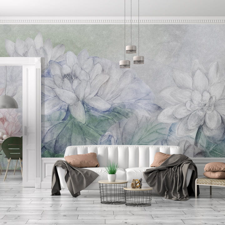Wall Art Winter - mural z niebieskimi kwiatami na jasnym tle