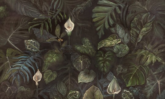 Wall Art Calla - mural z zielonymi liśćmi na czarnym tle i białą kalią