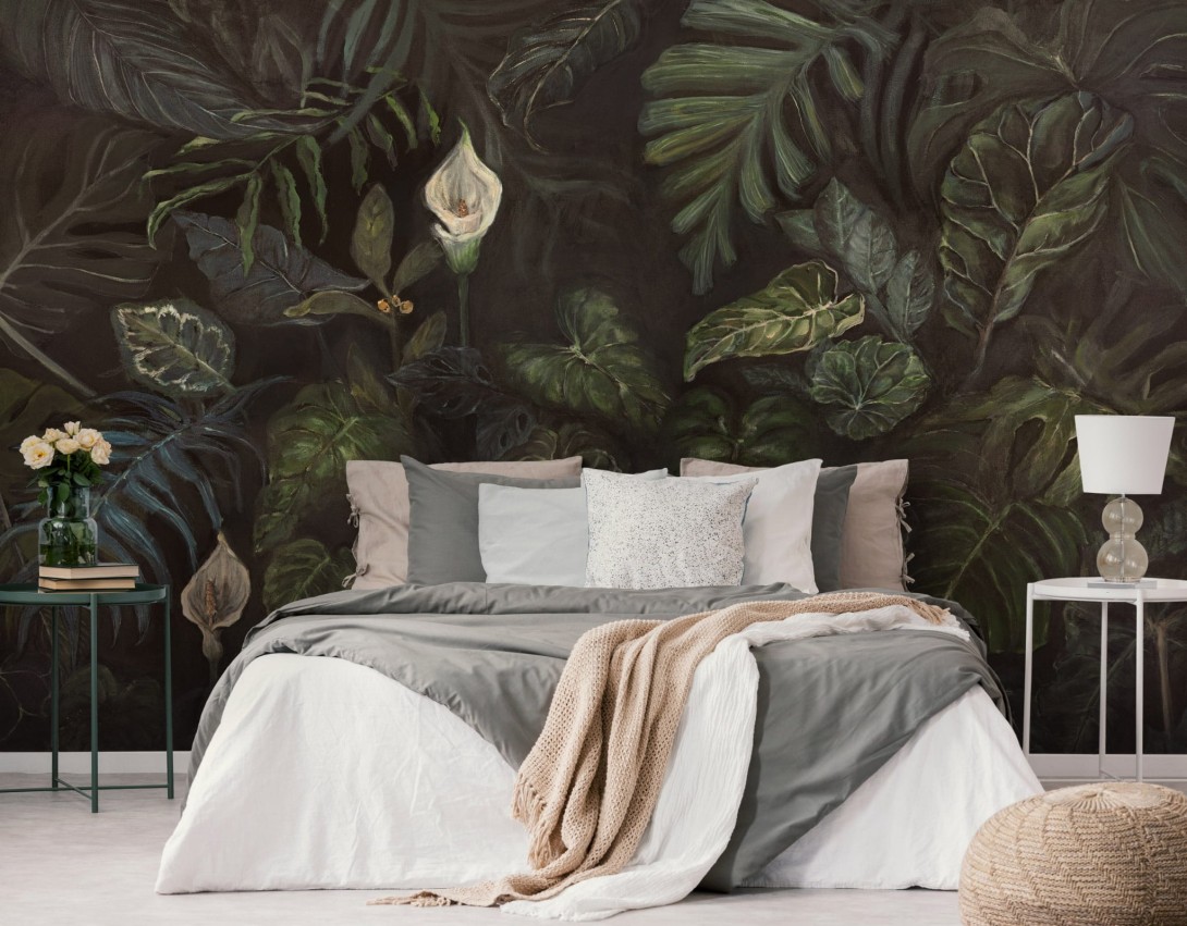 Wall Art Calla - mural z zielonymi liśćmi na czarnym tle i białą kalią