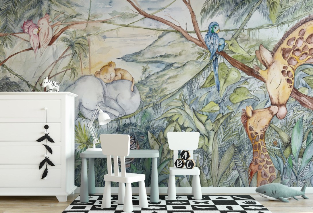 Wall Art Wild Life - mural akwarelową dżunglą i zwierzątkami