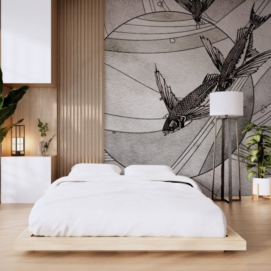 Wall Art Umi - czarno biały mural z motywem ryby i geometrycznego tła w koło i linie