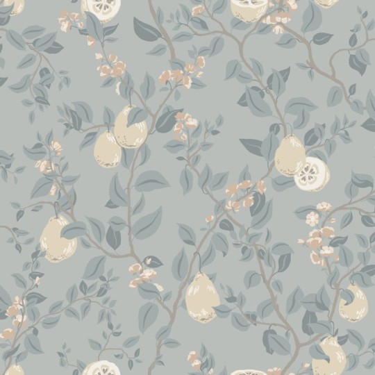 Sandberg S10168 Huset i Solen Kvitten Soft Blue - tapeta botaniczna z gałęziami, liśćmi i pigwami