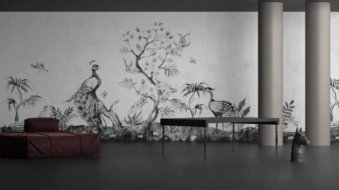 Yo2 EB1.01 GL Ebony Slates - mural z pawiami i drzewem