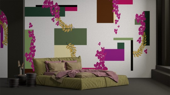 Yo2 MB1.01.1 FF Modernist Bougainvillaea - mural geometryczny z kwiatami i liśćmi