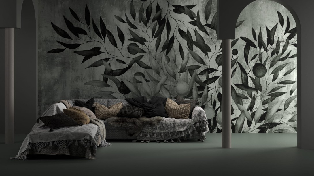 Yo2 MY1.04.1 GL Misty Soul - mural z motywem liści i owoców na betonowym tle