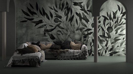 Yo2 MY1.04.2 GL Misty Soul - mural z motywem liści i owoców na betonowym tle