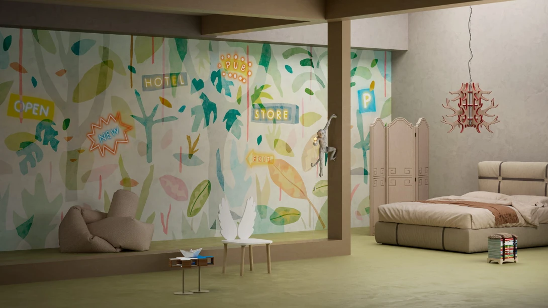 Yo2 CG1.01.3 CA City Garden - dziecięcy mural z liśćmi, drzewami i neonami