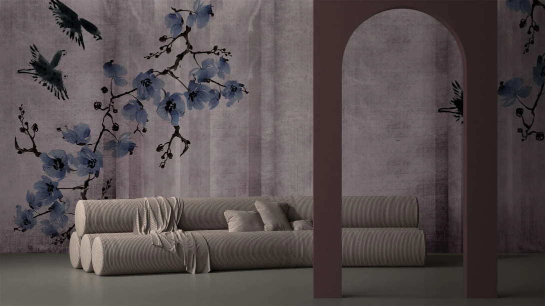 Yo2 EF1.07.2 GL Essence Forms - mural z motywem niebieskich kwiatów i ptaków
