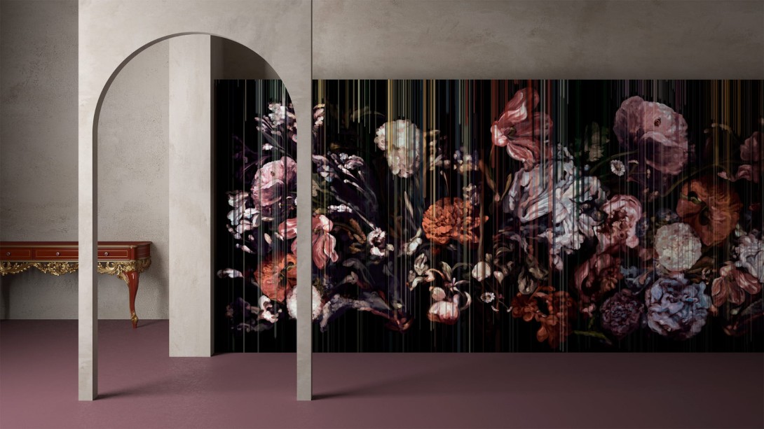 Yo2 LF1.01.1 GL Life Is A Flower - kwiecisty mural w pionowe prążki na czarnym tle