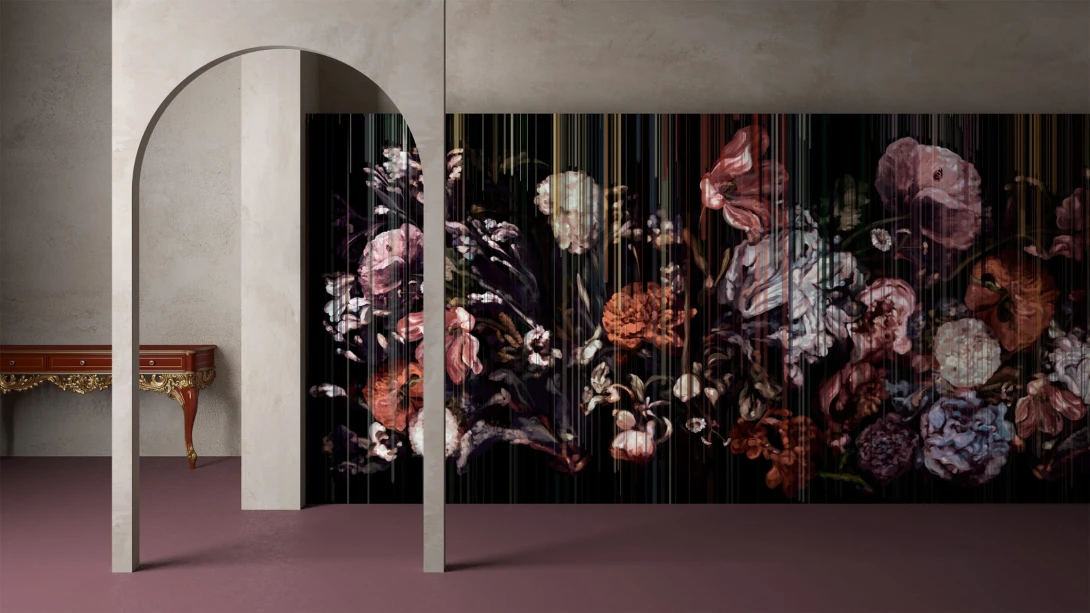 Yo2 LF1.01.3 GL Life Is A Flower - kwiecisty mural w pionowe prążki na czarnym tle